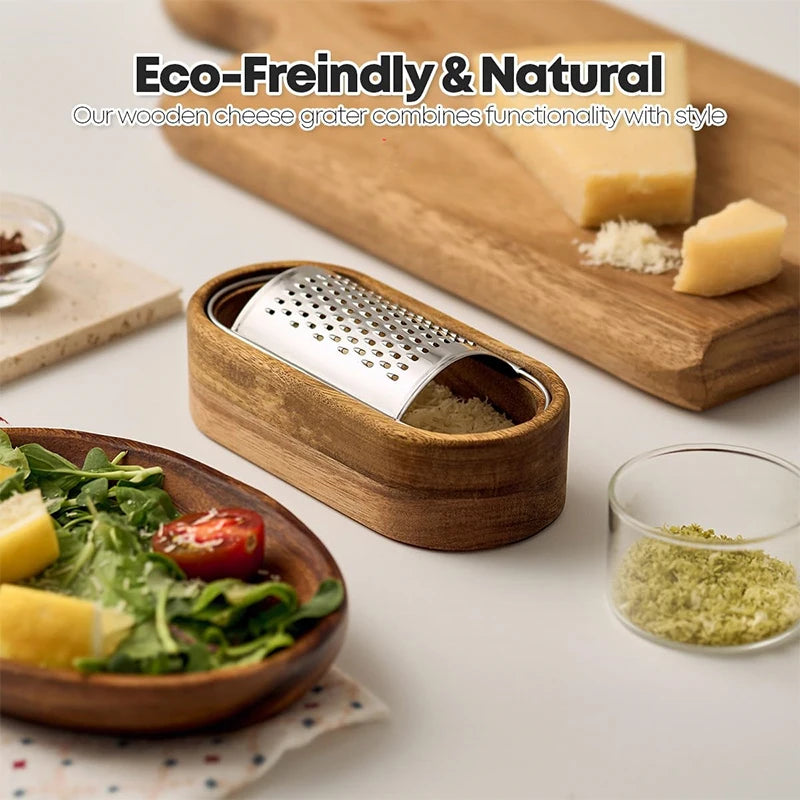 Stainless Steel Cheese Grater with Wooden Container