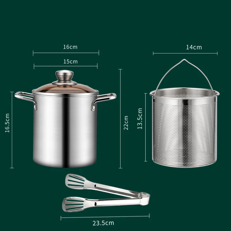 3L Stainless Steel Deep Fryer Pot with Lid & Mesh Basket – Japanese Tempura Frying Pot – Ideal for Chips, Chicken & Tempura – Available With or Without Tongs