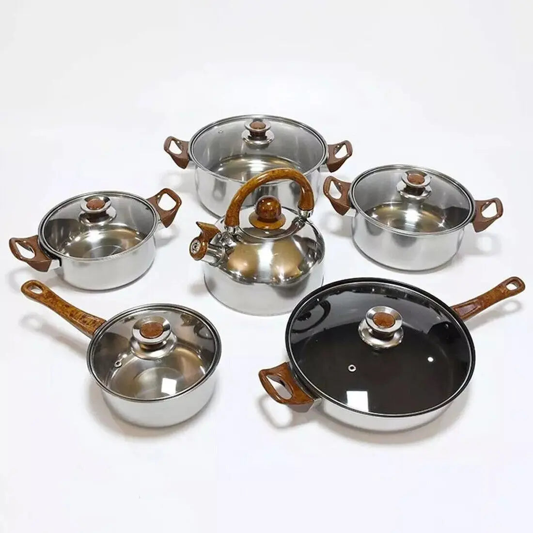 6 Piece Stainless Steel Cookware Set with Glass Lids & Wood-Effect Handles – Uncoated Mirror-Polished Pots & Pans – Best for Induction & Healthy Cooking