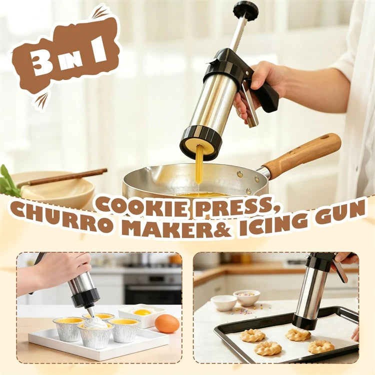 3-in-1 Stainless Steel Churro Maker & Cookie Press Kit – Spritz Biscuit Gun with Moulds – Great for Churros, Biscuits & Piped Desserts