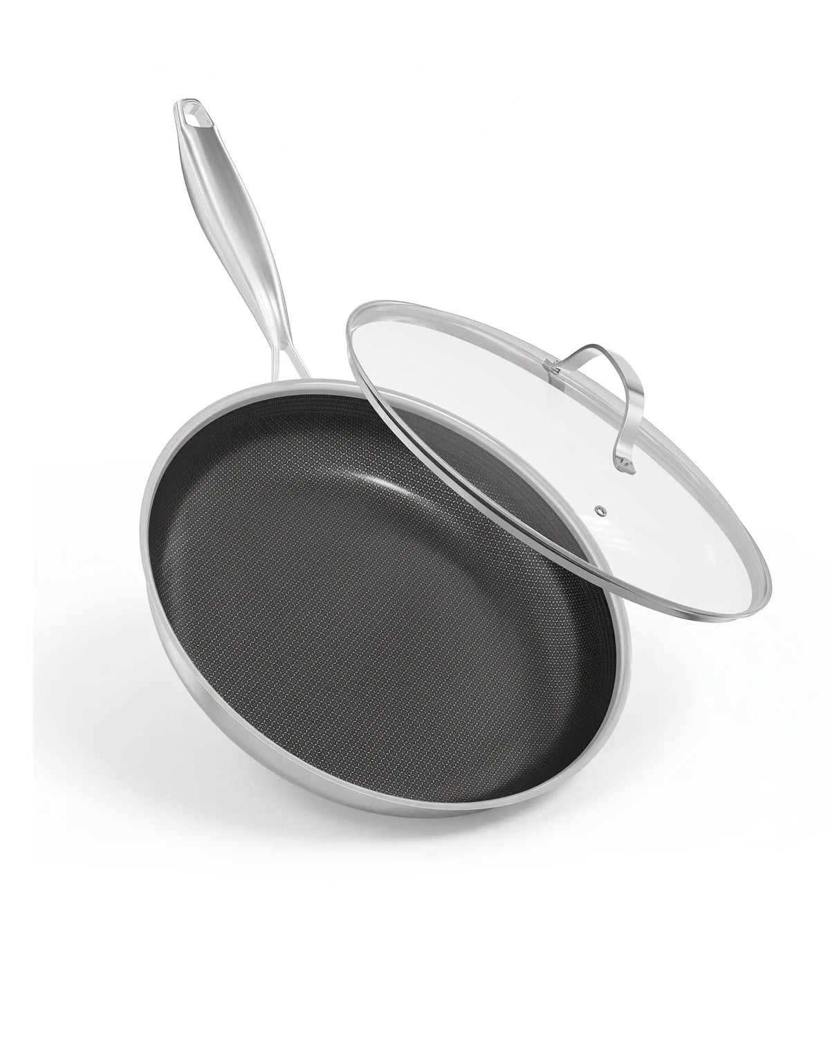 Honeycomb Tri-Ply Stainless Steel Non-Stick Frying Pan with Lid – Rivetless Skillet with Hollow Stay-Cool Handle – Great for Low-Smoke Frying & Grilling (28cm)