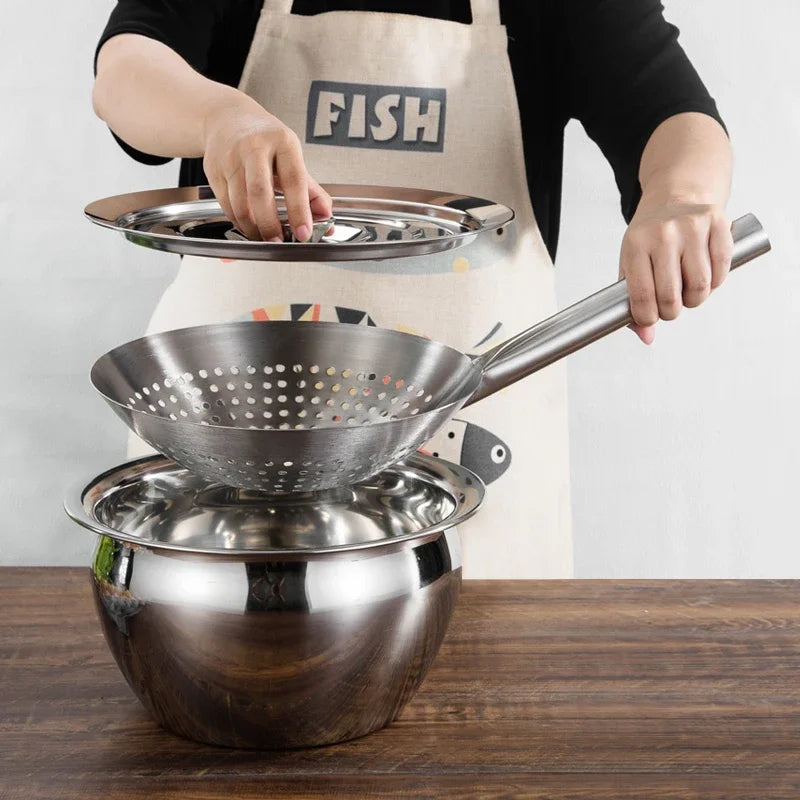 Stainless Steel Oil Strainer & Storage Set – Includes Colander Bowl & Large Heat-Resistant Handle Slotted Ladle Skimmer for Frying & Oil Separation