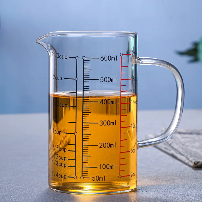 Borosilicate Glass Measuring Jug with Handle & V-Shaped Spout – Clear Scale Measuring Cup – Best for Baking, Liquids & Microwave Use – Available in 400ml, 500ml, 600ml & 1000ml