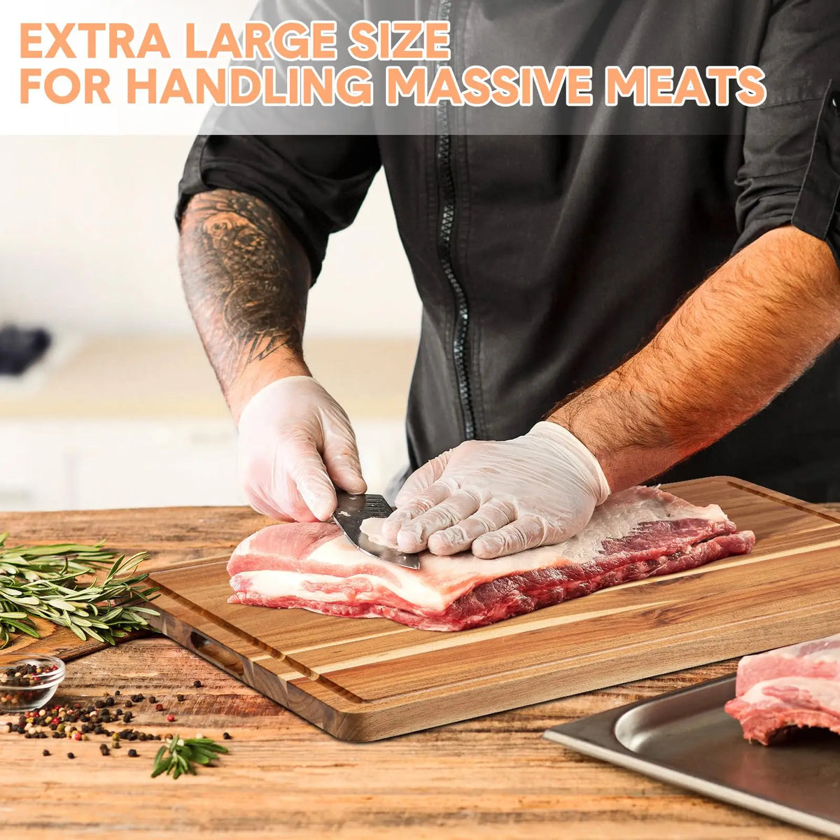 Acacia Wood Butcher Block Chopping Board – Extra Thick Reversible Board with Deep Juice Groove & Built-In Handles – Ideal for Meat & Veg Prep – Available in 50.8 x 38cm & 61 x 45.7cm