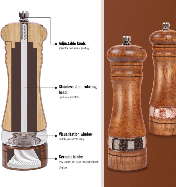 Classic Oak Wood Salt & Pepper Mill Set – Adjustable Manual Pepper Grinder & Salt Grinder with Ceramic Core – Best for the Kitchen & Dining Table