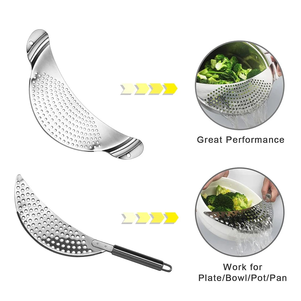 2 Piece 304 Stainless Steel Pot Strainer Set with Handles – Clip-On Pan Colander & Pasta Drainer with Recessed Grips – Great for Draining Pasta & Vegetables