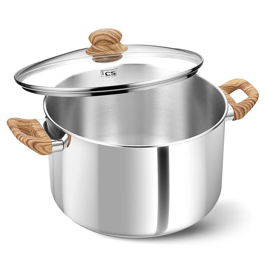 304 Stainless Steel Stock Pot with Lid & Wood-Touch Dual Handles – 8QT Multipurpose Satin Polish Finish Cooking Pot – Ideal for Soups, Stocks, Stews, Curries, Boiling Pasta, Simmering, Sautéing & One-Pot Meals  Compatible Gas, Induction & Electric Stoves