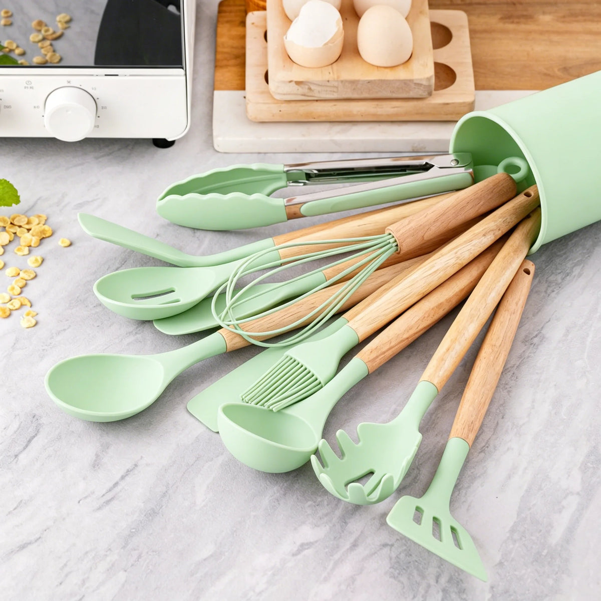 12 Piece Silicone Kitchen Utensil Set with Wooden Handles & Storage Pot – Heat Resistant BPA-Free Cooking Tools – Best for Non-Stick Cookware & Baking – Available in Black, White, Pink, Khaki & Light Green Colours