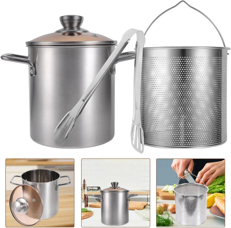 3L Stainless Steel Deep Fryer Pot with Lid & Mesh Basket – Japanese Tempura Frying Pot – Ideal for Chips, Chicken & Tempura – Available With or Without Tongs