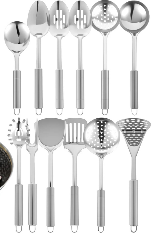 10/12-Piece Stainless Steel Cooking Utensils Set – Durable and Practical  Cooking Utensil Set Featuring a hanging loop design for easy storage and organization.
