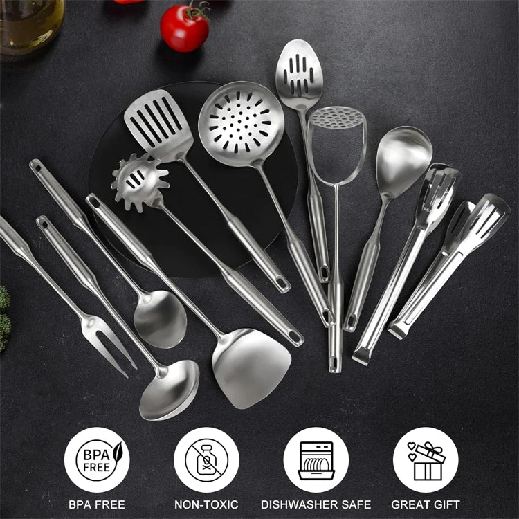 11-piece Stainless Steel Kitchen Utensils Set – 304 Stainless Steel Cooking Utensil Set, Includes Ladle, Whisk, Solid/Slotted Spoon, Spatula, Skimmer, Turner, Pasta Server & More, Heat-Resistant & Dishwasher Safe