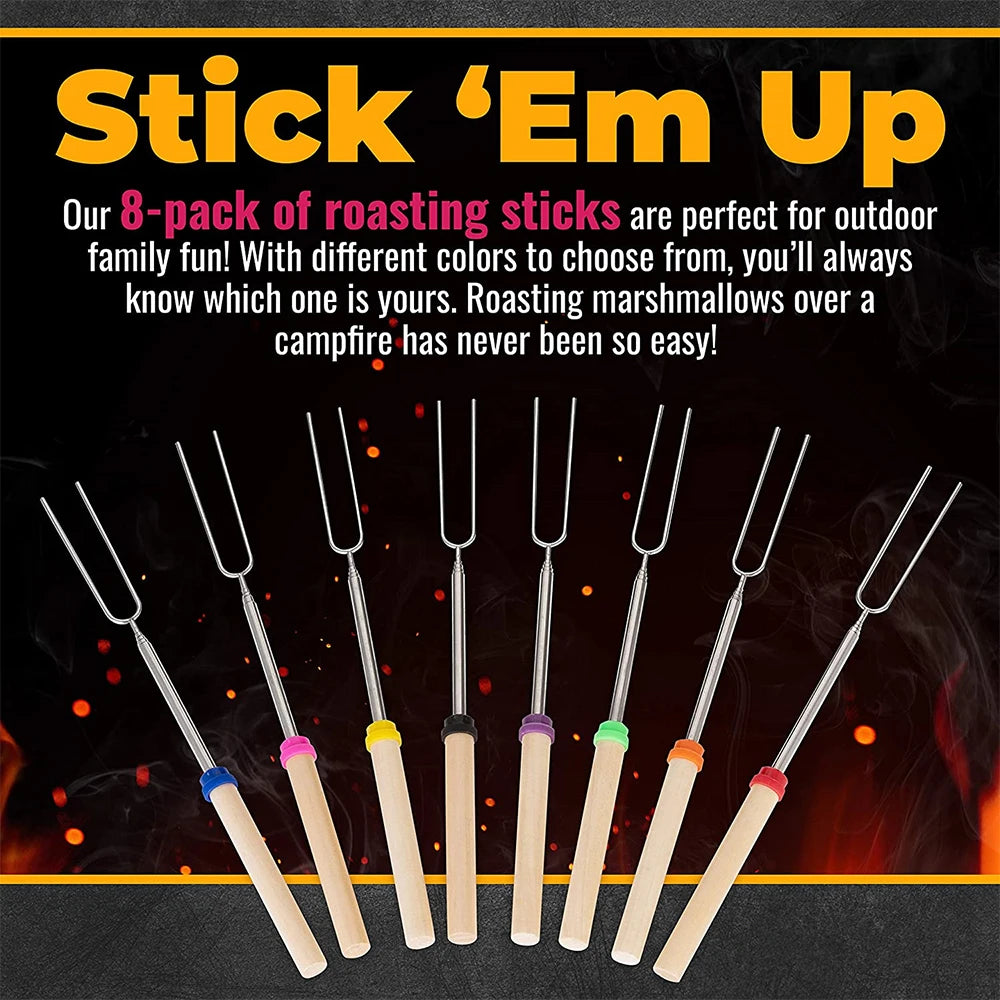 8 Piece Extendable Stainless Steel Roasting Sticks – Telescopic Marshmallow & BBQ Skewers – Great for Campfires, Fire Pits & S'mores