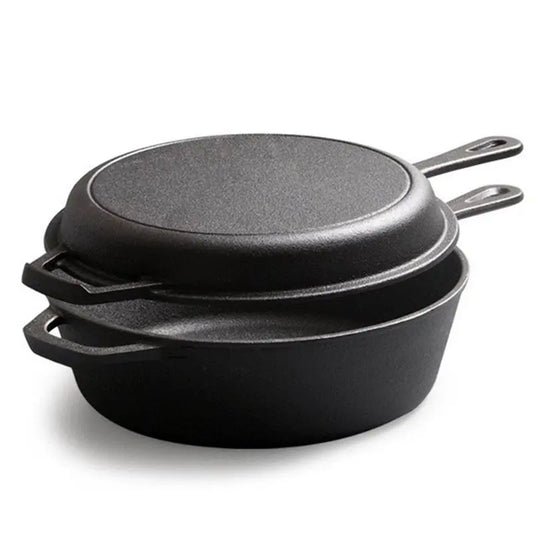 2-in-1 Cast Iron Dutch Oven & Skillet Combo – Pre-Seasoned Deep Cast Iron Pan with Skillet Lid – Versatile Design for Searing, Baking, Roasting, Grilling & One-Pot Meals – Durable, Non-Stick & Heat-Retentive for Home or Outdoor Cooking