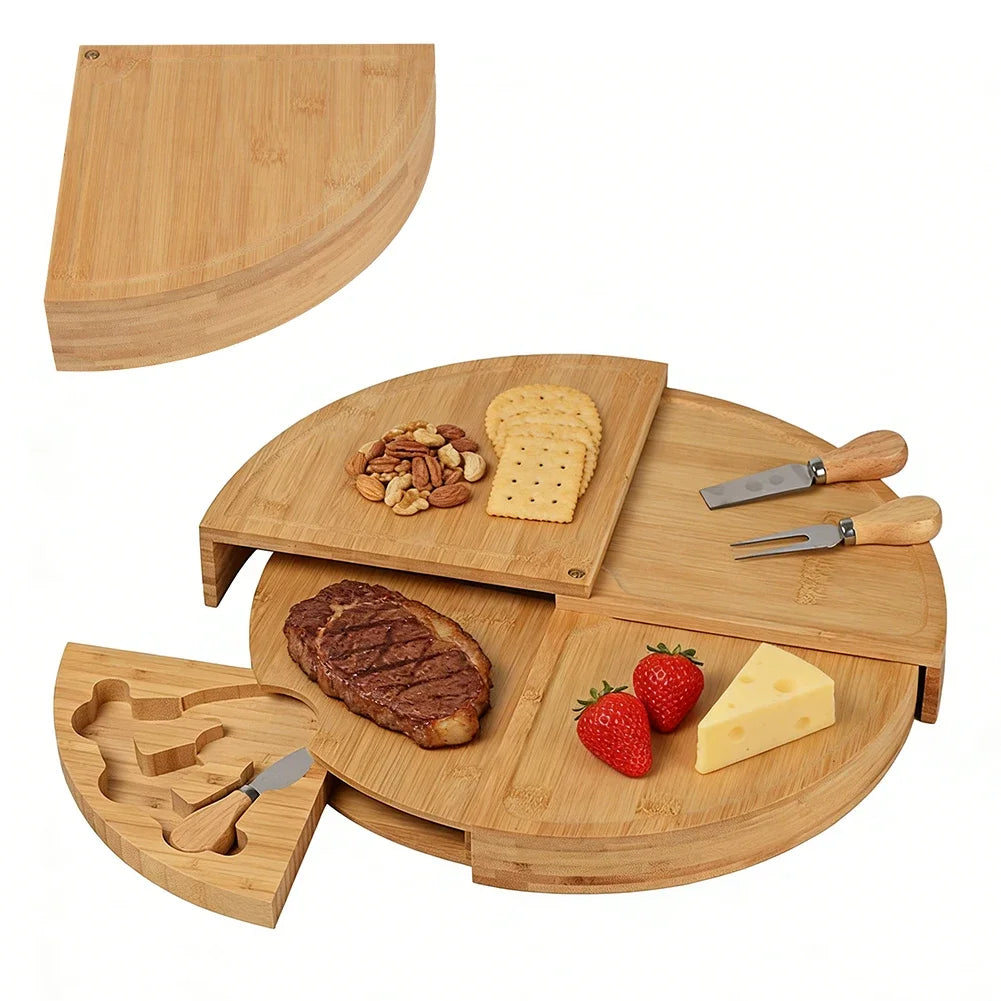 Bamboo Cheese Board with Knife Set – 4-Tier Swivel Round Serving Tray with Hidden Knife Drawer – Ideal for Parties, Cheese, Fruit & Desserts