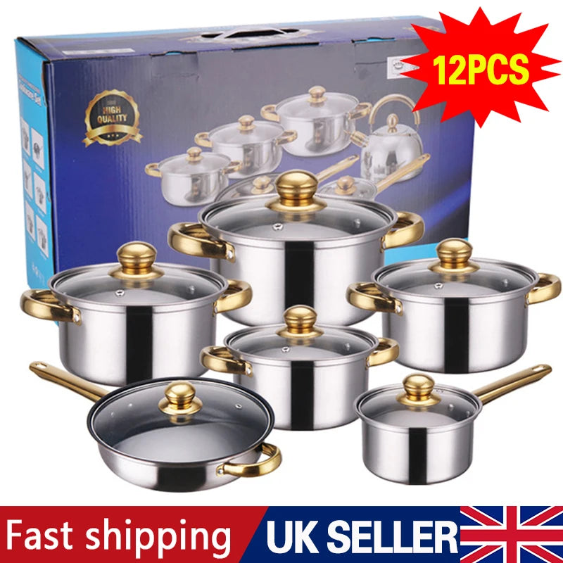 12 Piece High-Shine Stainless Steel Casserole, Saucepan & Stock Pot Set with Glass Lids – Heavy Duty Induction Cookware – Great for Gas, Electric & Halogen Hobs