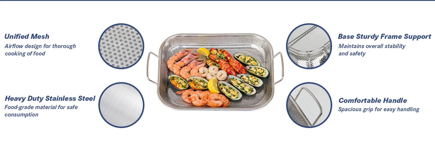 Stainless Steel Perforated BBQ Grill Pan with Micro-Perforated Mesh – Outdoor Roasting & Baking Tray for Steak, Meat, Vegetables & Seafood, Rust-Resistant BBQ Roasting Tray with Even Heat Distribution