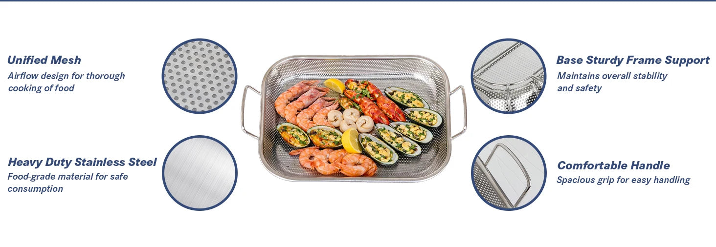 Stainless Steel Perforated BBQ Grill Pan with Micro-Perforated Mesh – Outdoor Roasting & Baking Tray for Steak, Meat, Vegetables & Seafood, Rust-Resistant BBQ Roasting Tray with Even Heat Distribution