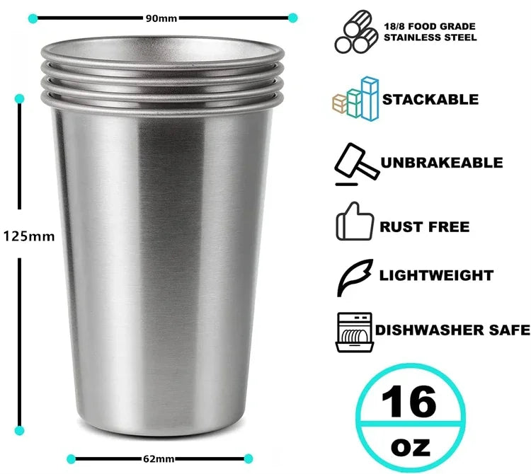 500ml Stainless Steel Stackable Tumbler Cup – Unbreakable Reusable Metal Pint Cup – Best for Water, Milk, Kids & Travel
