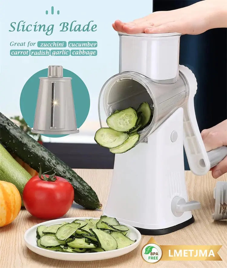 5-in-1 Rotary Cheese and Vegetable Grater with Handle and Suction Base – Multifunctional Interchangeable Rotating Drum Blades for Slicing, Shredding, and Grinding.(Available in Green, White, and Black Colours)