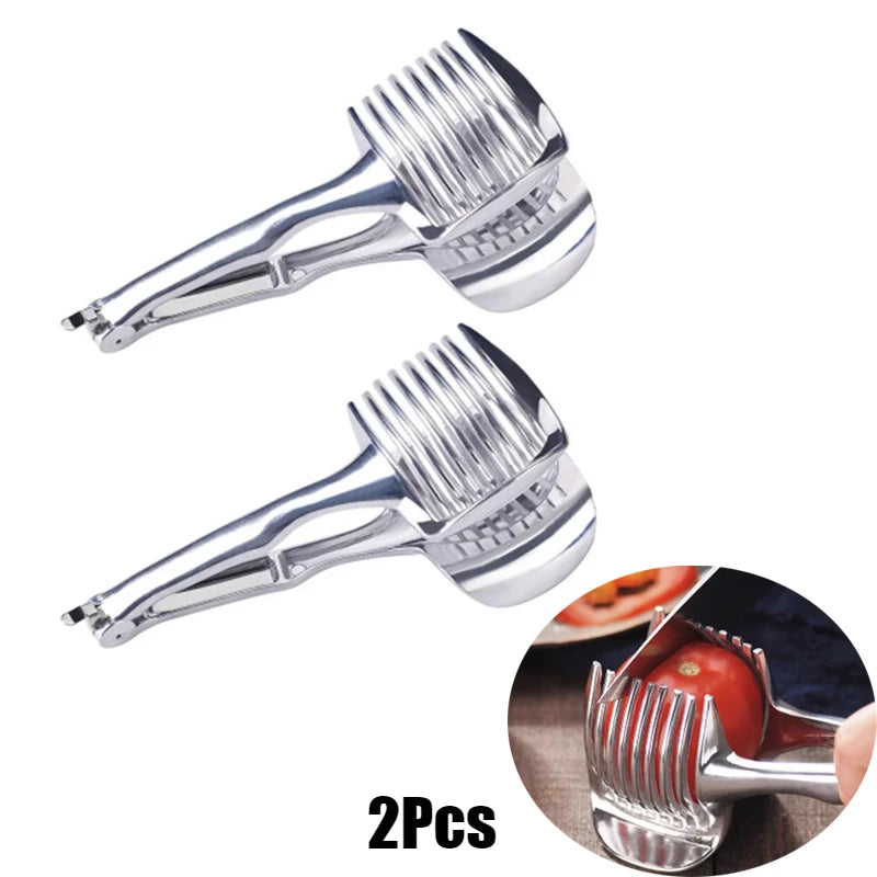 Lemon & Tomato Slicing Holder – Handheld Fruit & Vegetable Cutting Guide Clip for Even Slices – Perfect for Lemons, Tomatoes, Onions & Potatoes (18cm) Aluminium – 2 Pieces