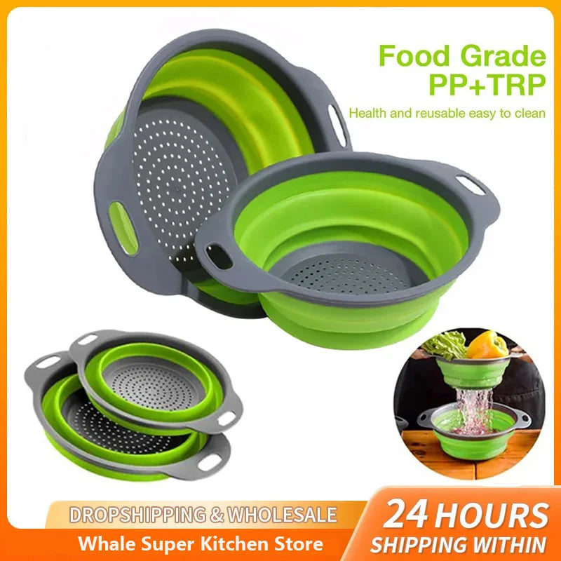 Collapsible Silicone Drain Basket – Foldable Fruit & Vegetable Washing Colander in Small, Large or 2-Piece Set – Best for Rinsing, Draining & Space Saving – Available in Blue, Green, Orange & Red Colours
