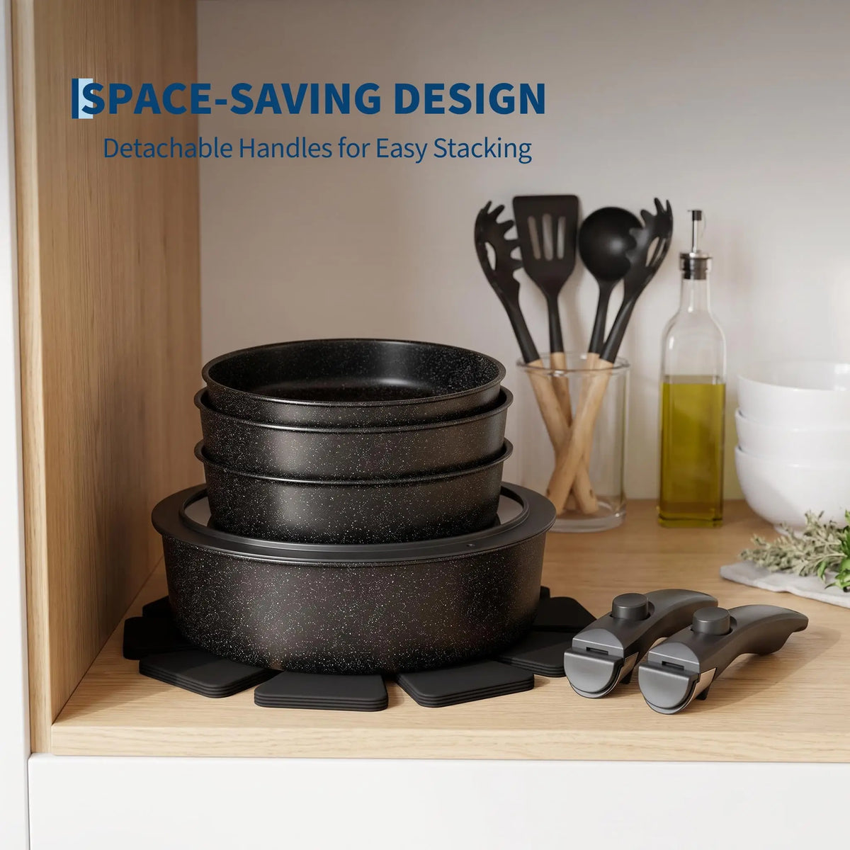 19 Piece Ceramic Non-Stick Cookware Set with Detachable Handles – Stackable Induction Pots & Pans – Ideal for Small Kitchens, Caravans & Campervans – Available in White & Black Colours