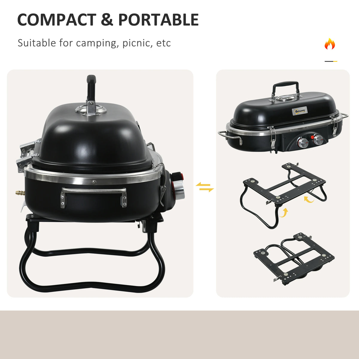 Portable 2 Burner Gas BBQ Grill with Lid & Thermometer – Foldable Camping Gas Barbecue with Piezo Ignition – Great for Picnics, Festivals & Garden