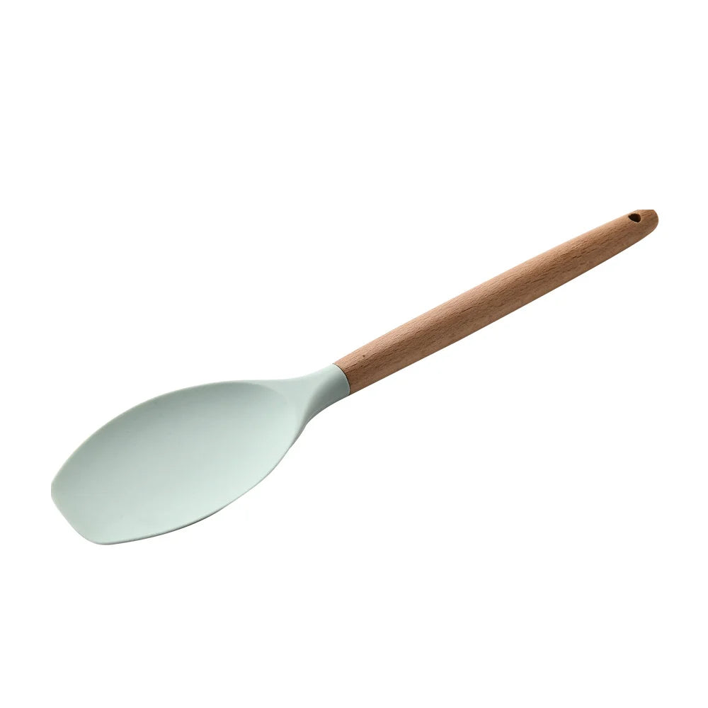Heat Resistant Silicone Cooking Utensil with Wooden Handle – Up to 230°C Turner, Tongs, Spatula, Spoon, Brush & Whisk – Ideal for Nonstick Cookware Style 7