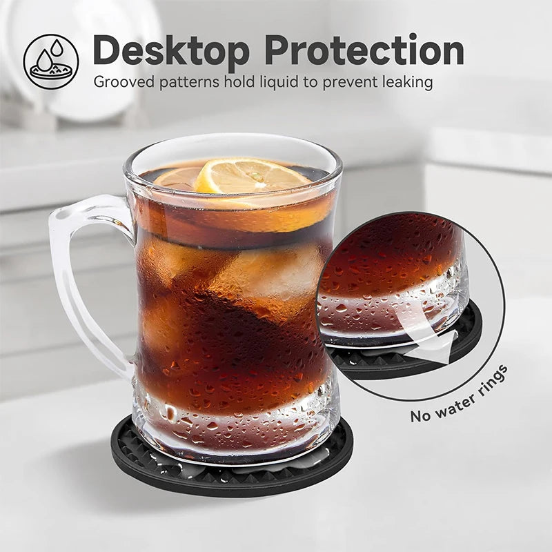 6 Pack Silicone Drink Coasters with Holder – Heat Resistant Non-Slip Cup Mats – Ideal for Protecting Tables & Worktops – Available in Black, Brown, Grey, Green, Blue & Sky Blue Colours