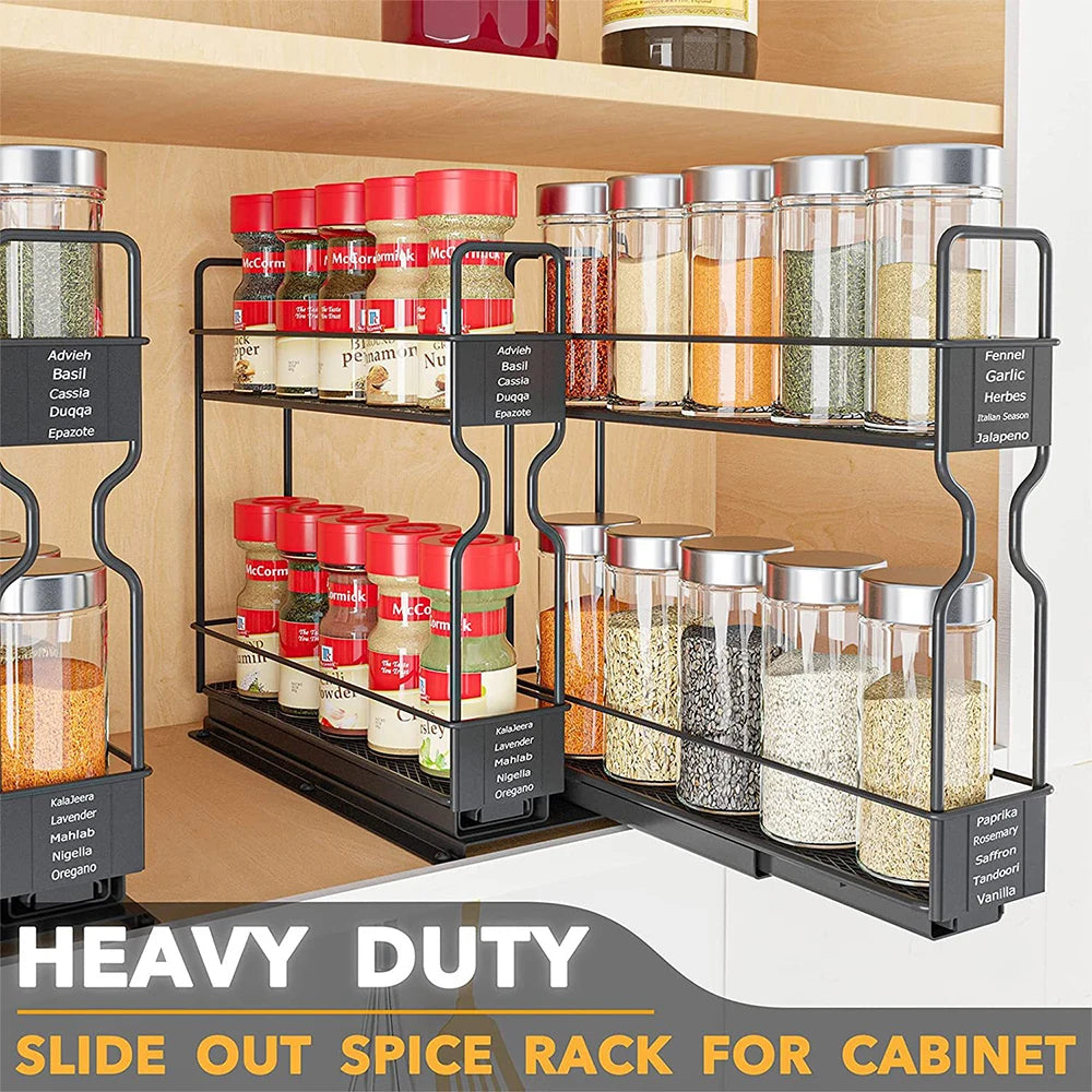 Pull Out Spice Rack Organiser for Cabinets – Slide Out Metal Seasoning Organiser – Perfect for Deep Kitchen Cupboards