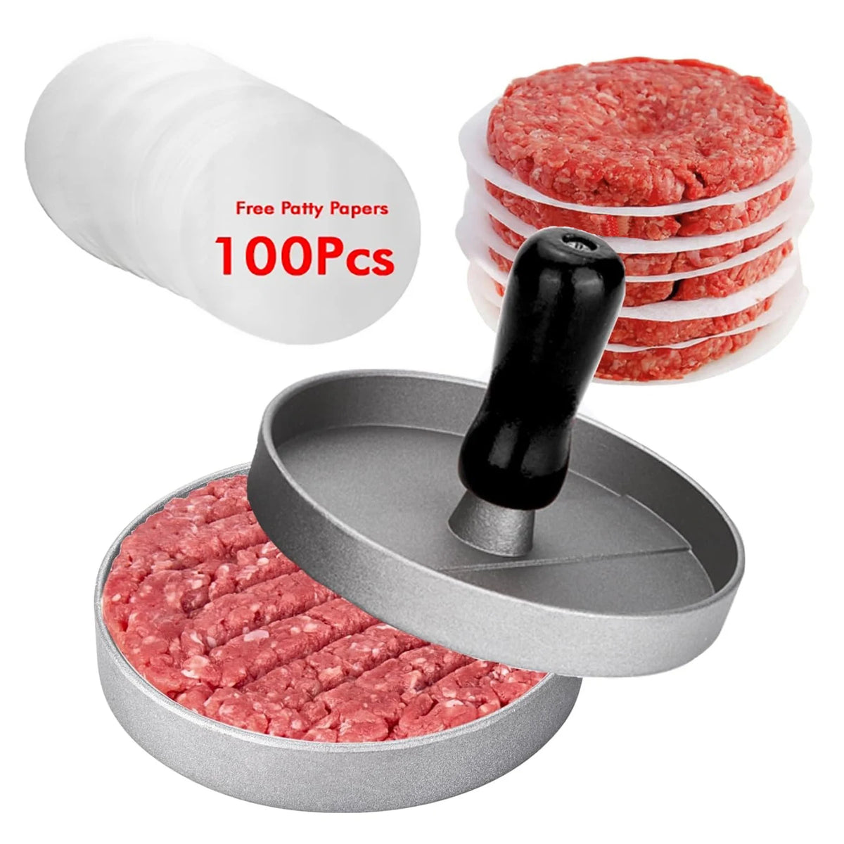 Non-Stick Burger Press with Wax Papers – Aluminium Round Patty Maker with Removable Handle – Ideal for BBQ Burgers & Meat Pies – Available in Black & Red Colours