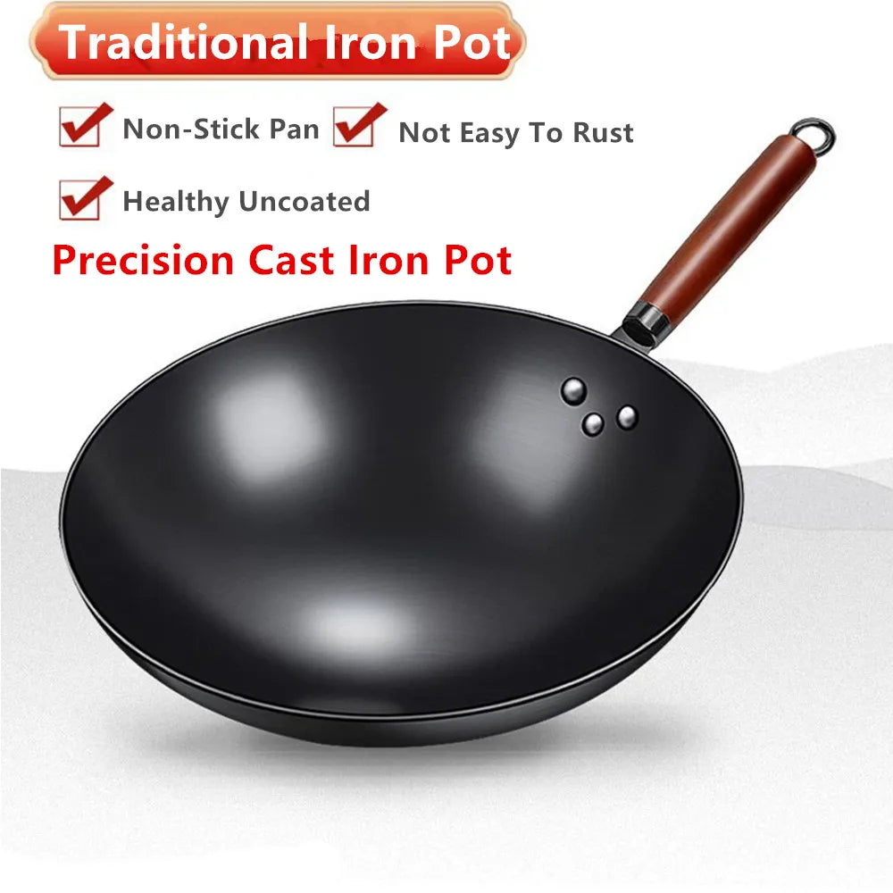 Iron Wok with Wooden Handle – Traditional Hand-Forged Deep Round Bottom Stir-Fry Wok – Great for Stir-Frying & Deep Frying on Gas Hobs – Available in 30cm & 32cm