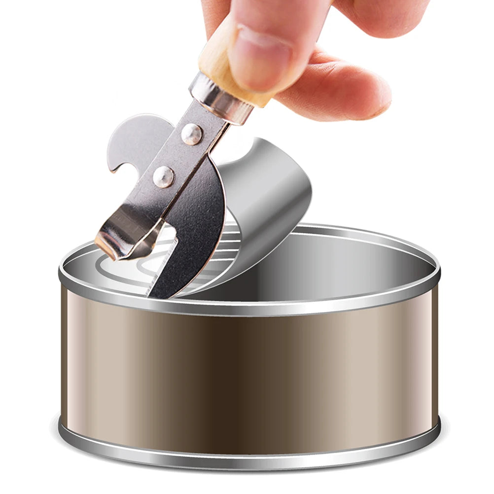 Stainless Steel Can & Bottle Opener with Wooden Handle – Multi-Function Manual Lid Remover – Ideal for Tins, Jars & Bottles