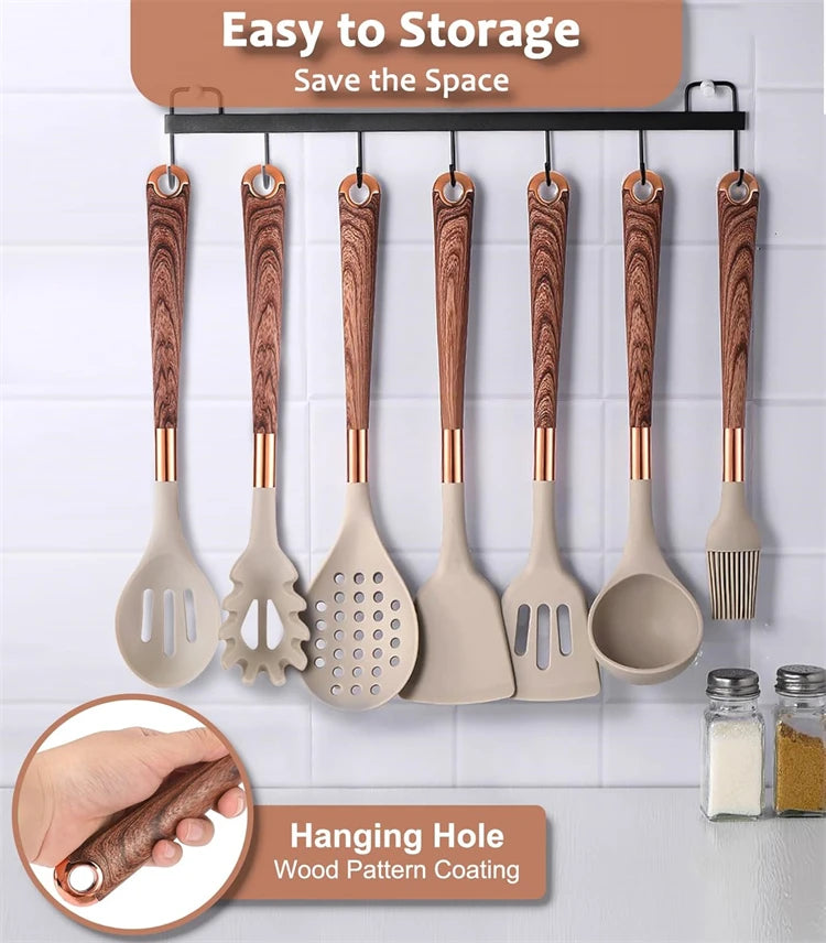 10-Piece Silicone Kitchen Utensils Set with Wooden-Effect Handles & Matching Utensil Holder – Heat-Resistant, Non-Stick Safe & Easy to Clean – Includes Spatulas, Spoons, Turners, Pasta Server, Brush & Skimmer – Perfect for Daily Cooking & Modern Kitchens