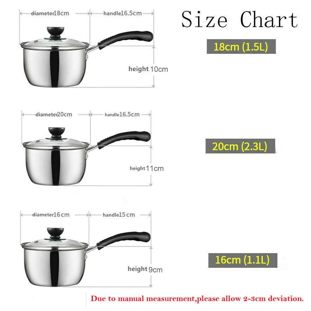 3 Piece Stainless Steel Milk Pan Set with Glass Lids & Gloves – Single Layer Saucepans – Great for Milk, Sauces & Gas Hobs