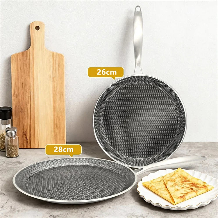 304 Stainless Steel Honeycomb Nonstick Crepe Pan – Flat Skillet, Tawa & Dosa Pan – Ideal for Crepes, Pancakes, Tortillas & Omelettes – Available in 26cm & 28cm
