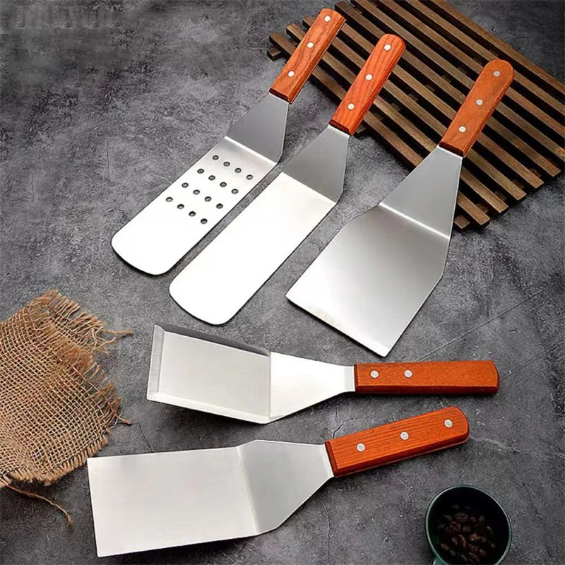 Stainless Steel Griddle Spatula & Grill Scraper with Wooden Handle – Square Head Burger Turner & Pizza Shovel – Perfect for BBQ, Steaks & Pancakes