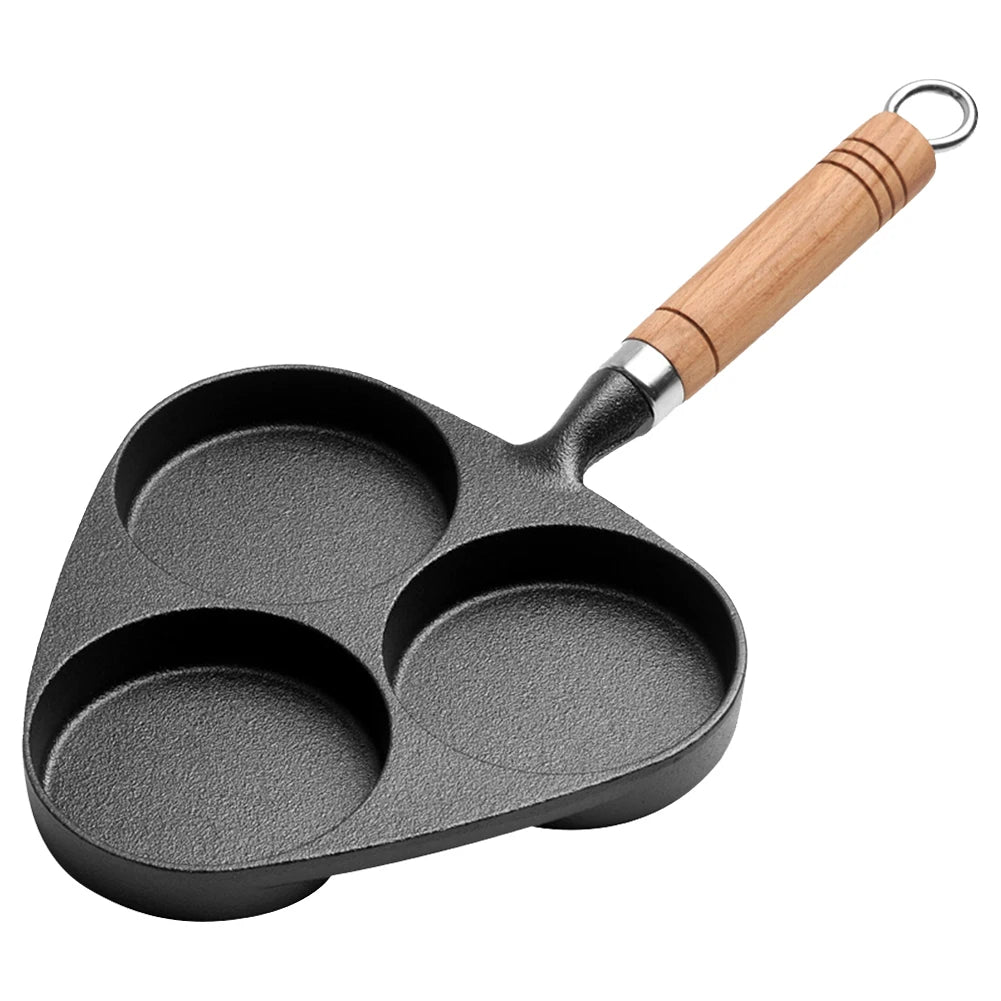 Three Hole Cast Iron Fried Egg Pan  With Wooden Handle Breakfast Pancake Pan Nonstick Egg Pan