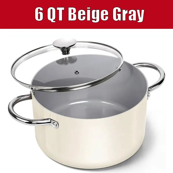 Ceramic Stock Pot with Glass Lid – 6-Quart Non-Stick Cooking Pot, Induction-Compatible – Ideal for Soups, Stews, Curries, Simmering, Sautéing & One-Pot Meals – Available in Green, Blue, Beige & Black 6 QT Beige Gray