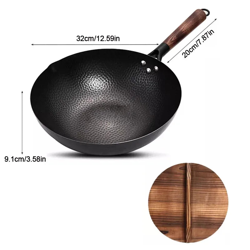 Pure Iron Wok with Wooden Cover – Non-Coated Household Stir-Fry Wok for Gas, Electric & Induction – Great for Everyday Family Stir-Fries (32cm)
