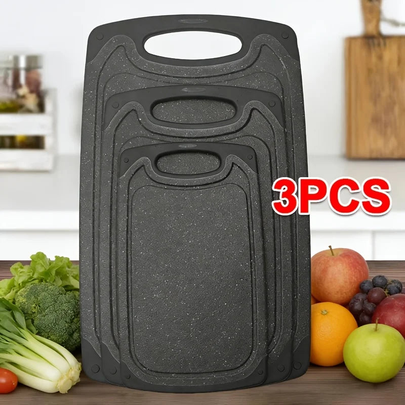 3 Piece Plastic Chopping Board Set – Large, Medium & Small Non-Slip Boards with Handles & Juice Grooves – Best for Meat, Veg & Fruit, Dishwasher Safe