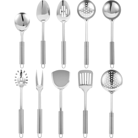 10-Piece Stainless Steel Cooking Utensils Set – Durable and Practical Cooking Utensil Set Featuring a Hanging Loop Design for Easy Storage and Organisation. Silver 10pcs