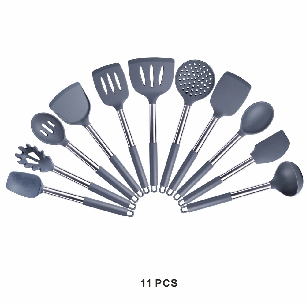 Silicone Kitchen Utensils Set with Stainless Steel Handles – Non-Stick Safe, Heat Resistant | Grey & Black | Available in 5 to 15-Piece Sets