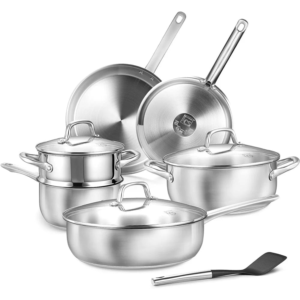 10 Piece Three-Layer Stainless Steel Cookware Set with Steamer – Saucepan, Casserole, Frying Pans & Deep Pan with Lids – Ideal for Induction & Family Meals – Available in 10 Piece Set & 10 Piece Set Colours