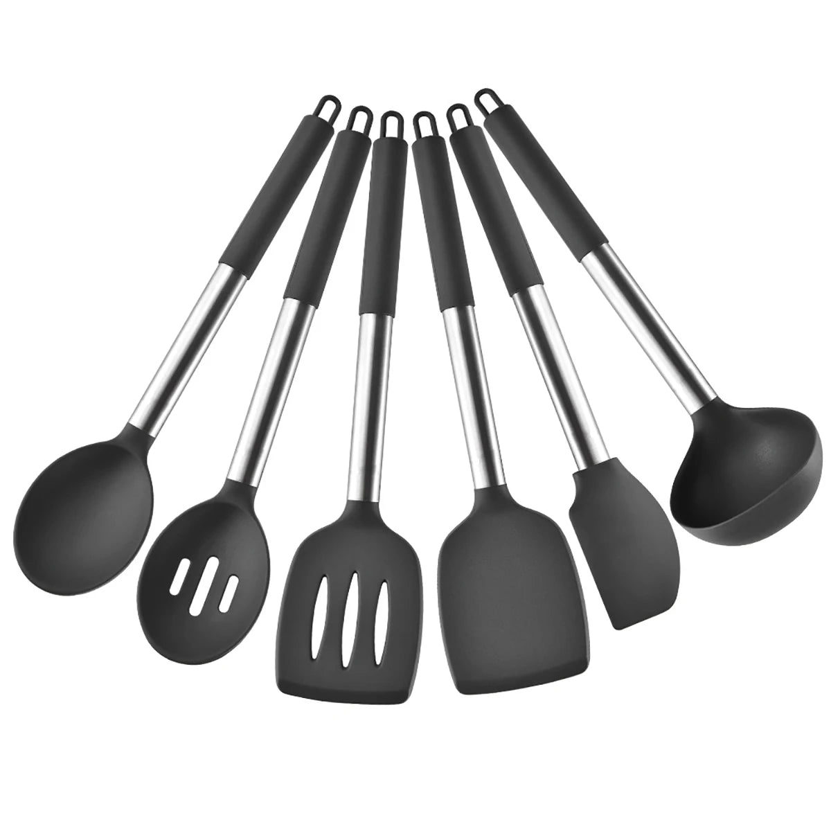 Silicone Kitchen Utensils Set with Stainless Steel Handles – Heat-Resistant & Safe for Non-Stick Cookware – Ideal for Daily Cooking – Available in Multiple Colours & Various Piece Set Options