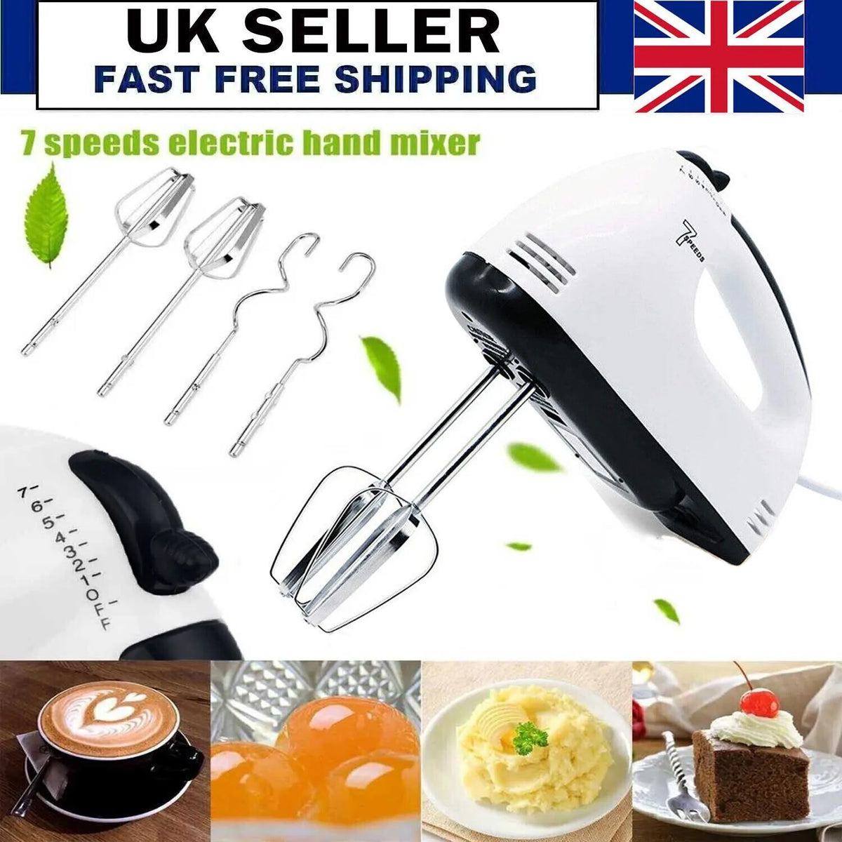 7 Speed Electric Hand Mixer – 260W Handheld Whisk with Dough Hooks & Beaters – Perfect for Cakes, Cream & Egg Whites