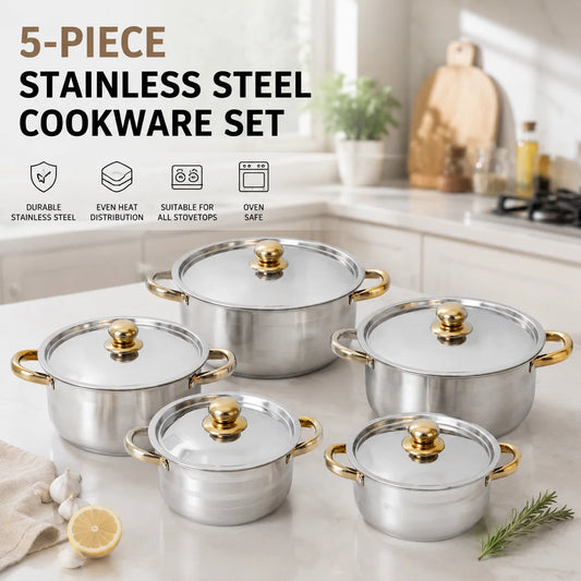 Golden Handle Stainless Steel Cookware Set with Lids – 5 Piece Pots & Saucepan Set – Perfect for Induction, Gas & Oven Cooking