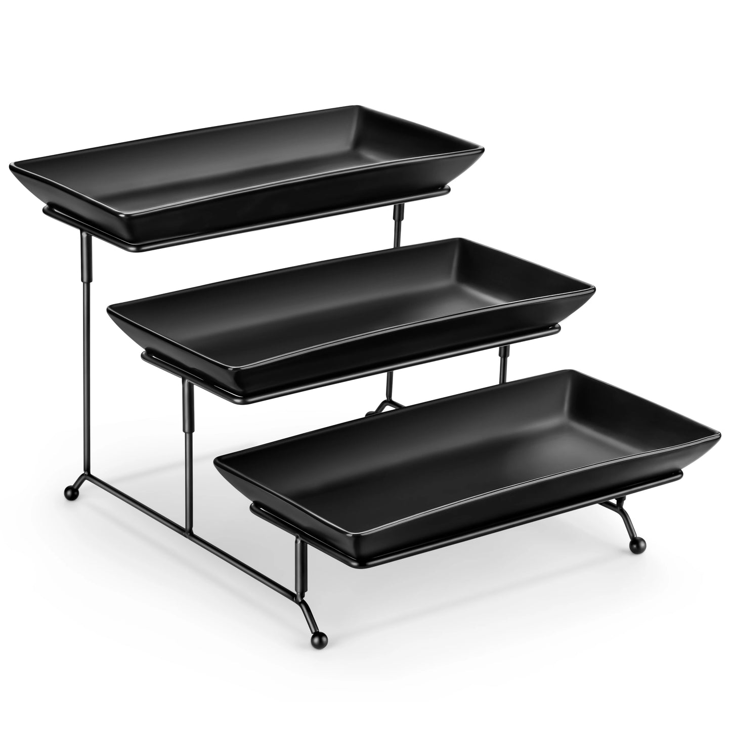 3-Tier Porcelain Buffet Food Display Platter with Stand | Stepped Staggered Design | 12 & 14 Inch