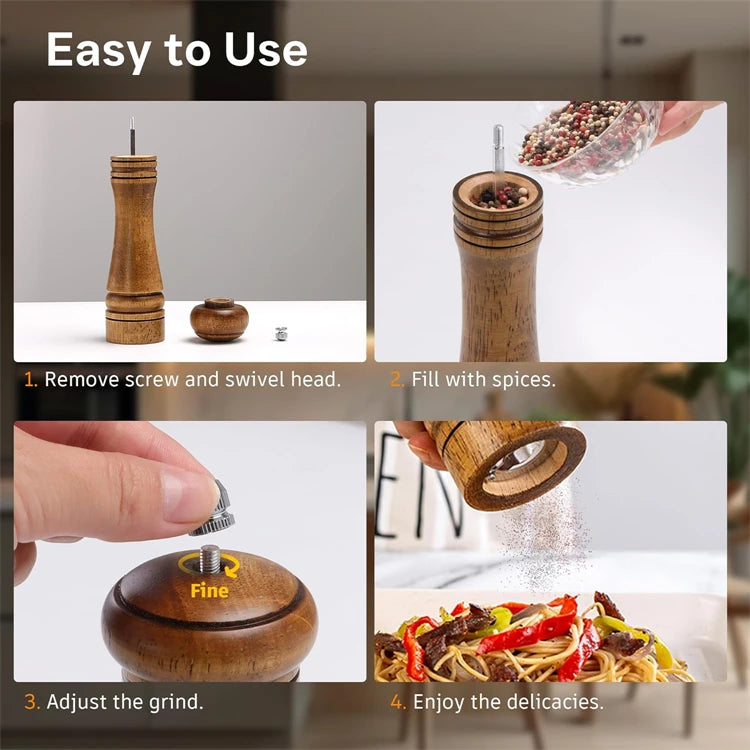 Oak Wood Salt & Pepper Grinder Set with Adjustable Ceramic Grinder – Wooden Pepper Mill & Salt Grinder – Great for the Kitchen & Dining Table – Available in 5 Inch, 8 Inch & 10 Inch