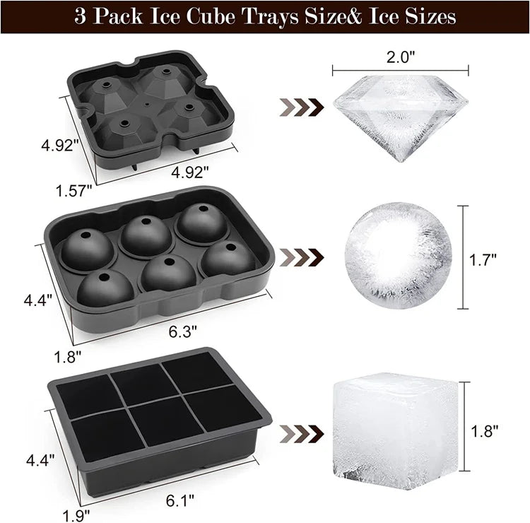 Large Silicone Ice Cube Tray with Lid – Reusable Ice Mould for Big Cubes, Spheres & Diamonds – Ideal for Cold Drinks & Iced Coffee – Available in Square Cube, Sphere & Diamond